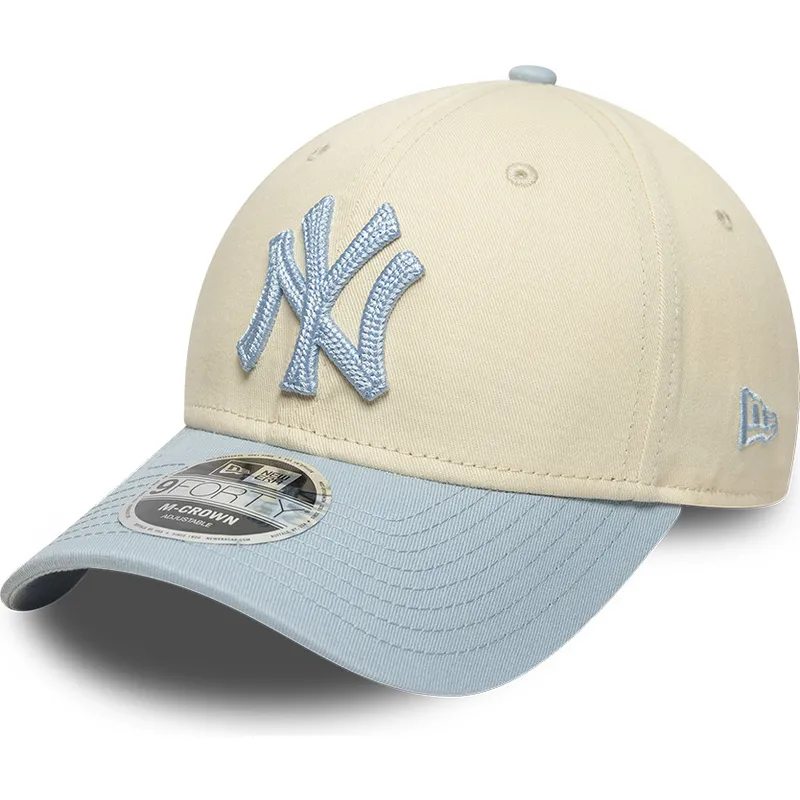buet-kasket-beige-og-bla-snapback-med-blat-logo-9forty-m-crown-side-script-fra-new-york-yankees-mlb-fra-new-era