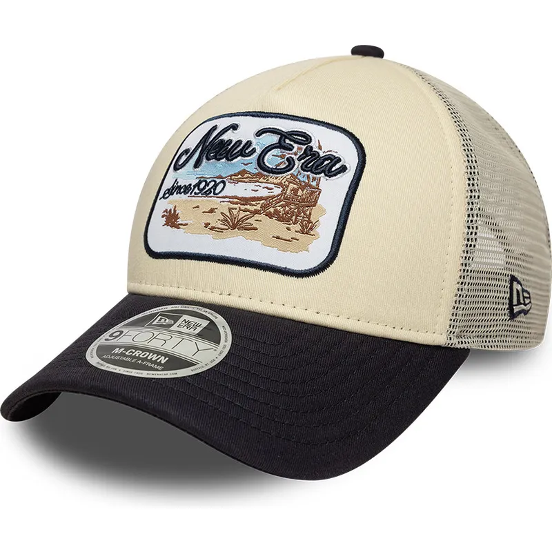 beige-og-marinebla-trucker-kasket-9forty-m-crown-a-frame-fra-new-era