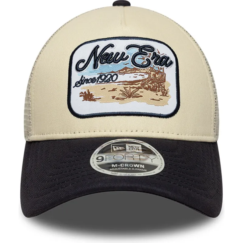 beige-og-marinebla-trucker-kasket-9forty-m-crown-a-frame-fra-new-era