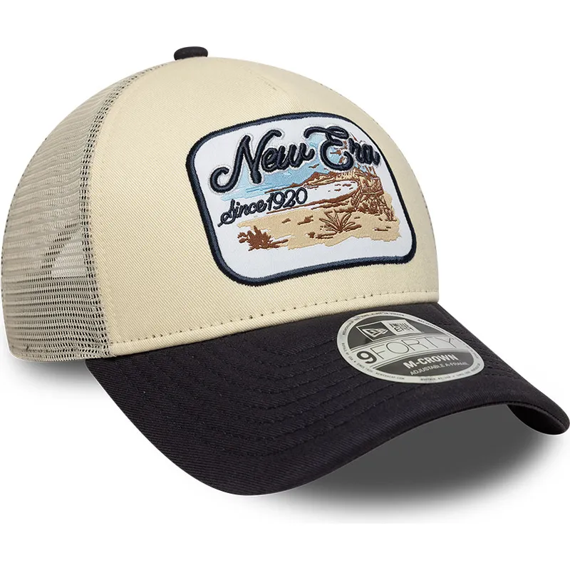 beige-og-marinebla-trucker-kasket-9forty-m-crown-a-frame-fra-new-era