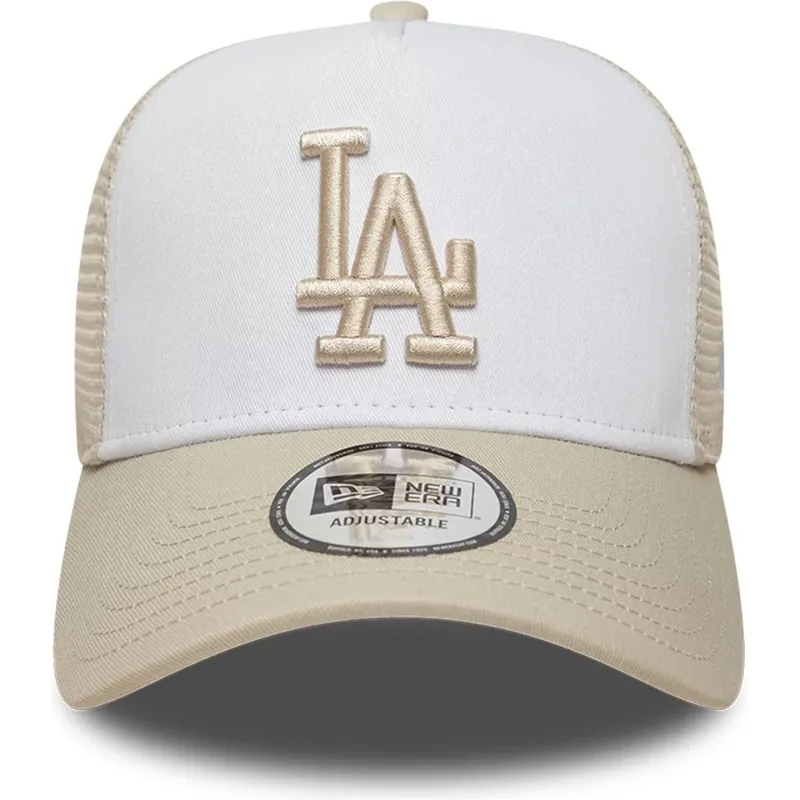 beige-og-hvid-trucker-kasket-med-beige-logo-a-frame-league-essential-fra-los-angeles-dodgers-mlb-fra-new-era