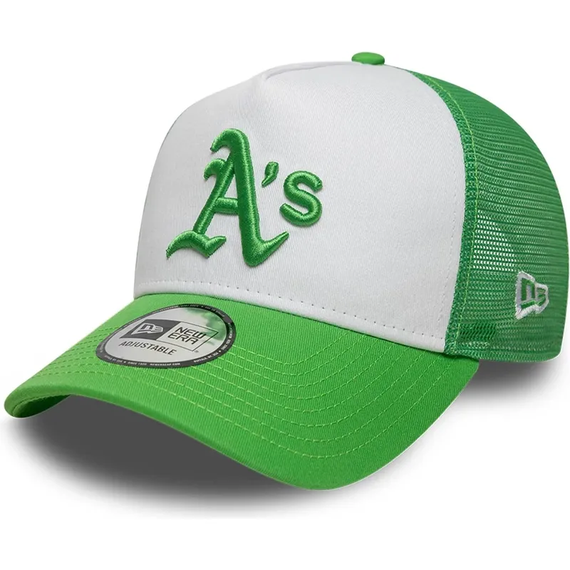 gron-og-hvid-trucker-kasket-med-gront-logo-a-frame-league-essential-fra-oakland-athletics-mlb-fra-new-era