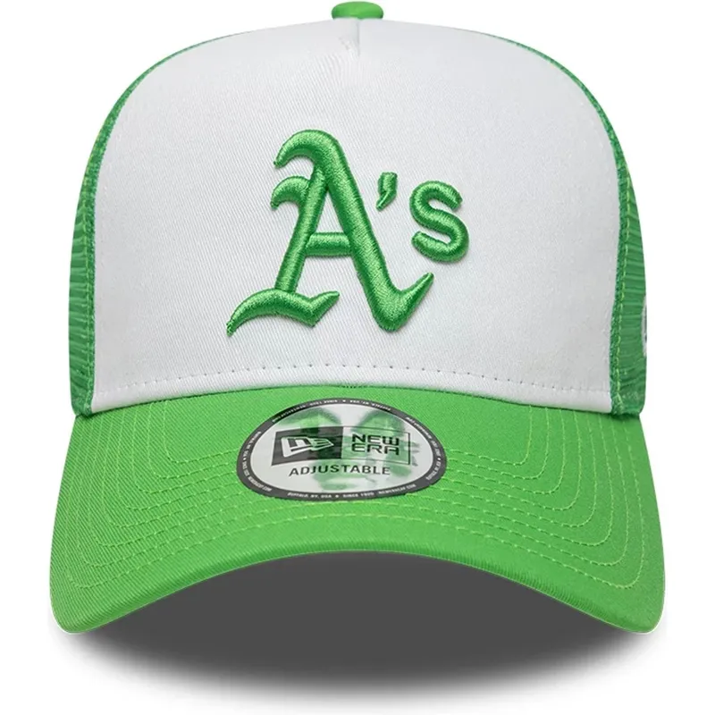 gron-og-hvid-trucker-kasket-med-gront-logo-a-frame-league-essential-fra-oakland-athletics-mlb-fra-new-era