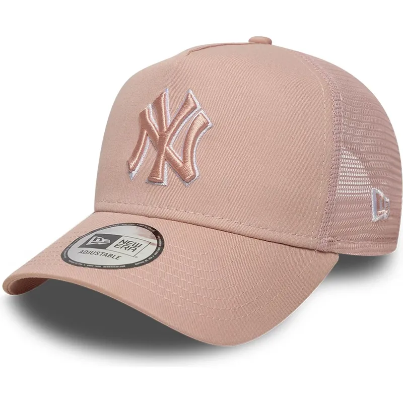 lyserod-trucker-kasket-med-lyserodt-logo-a-frame-outline-fra-new-york-yankees-mlb-fra-new-era