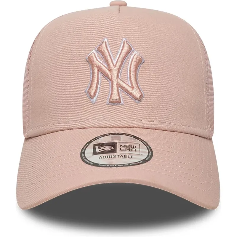 lyserod-trucker-kasket-med-lyserodt-logo-a-frame-outline-fra-new-york-yankees-mlb-fra-new-era