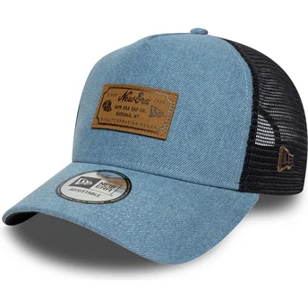Blå trucker-kasket A Frame Denim Leather Patch fra New Era