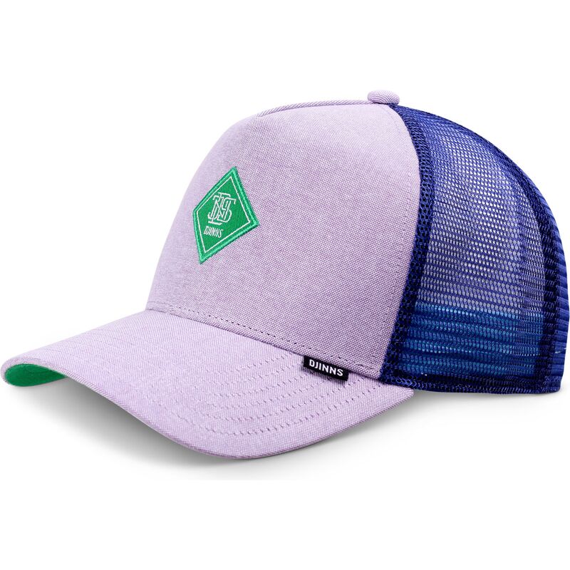trucker-kasket-violet-med-gront-logo-hft-oxfordcontra-fra-djinns