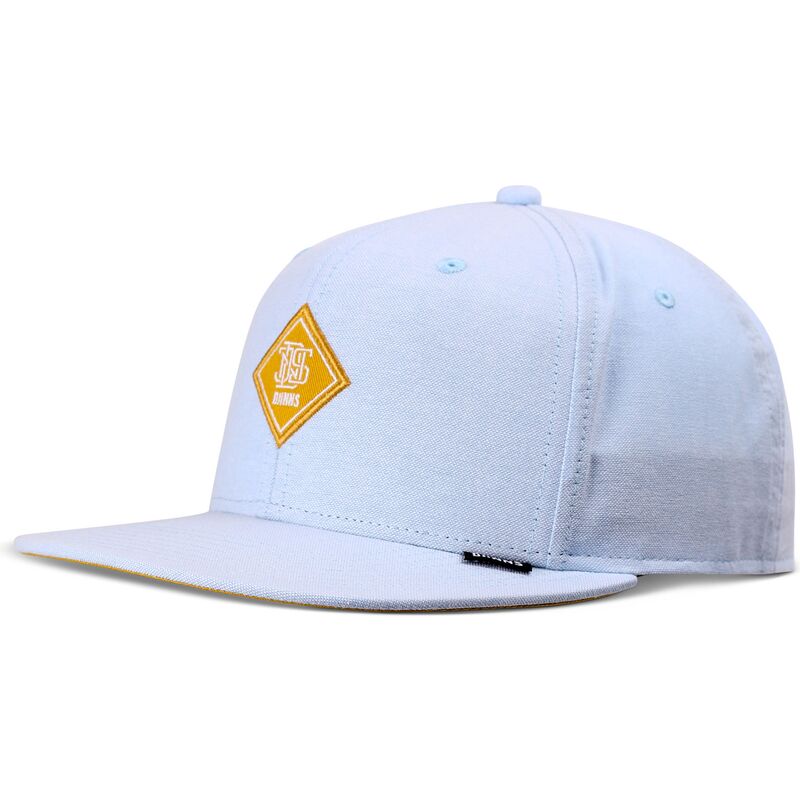 flad-bla-snapback-kasket-med-gult-oxfordcontra-logo-fra-djinns