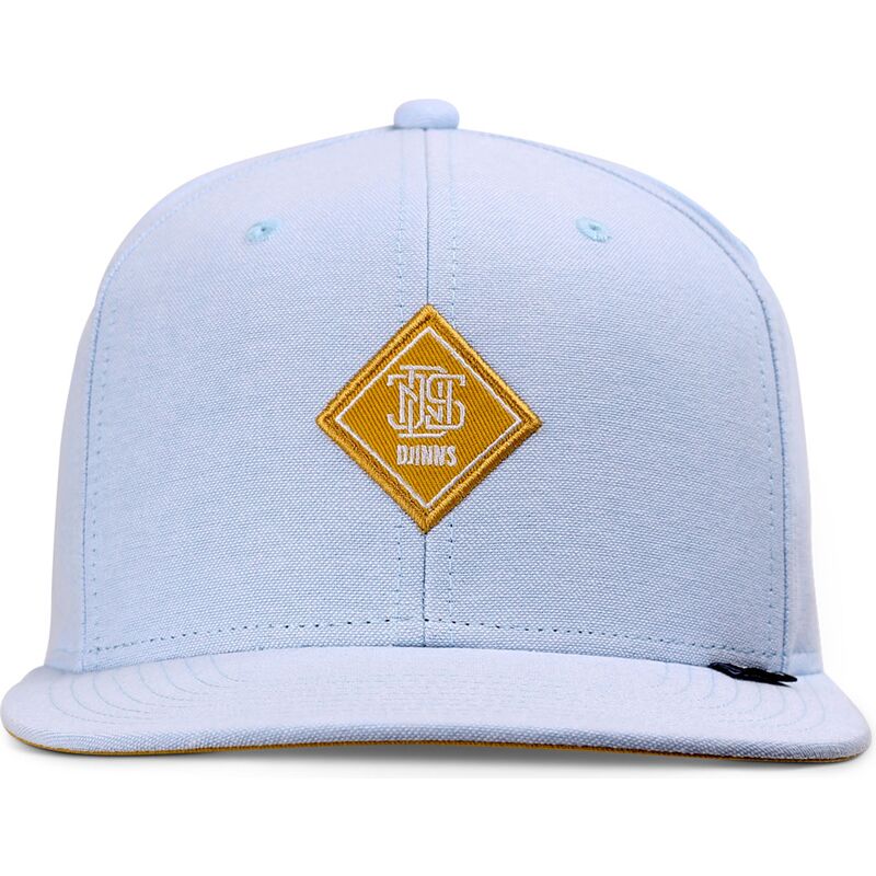 flad-bla-snapback-kasket-med-gult-oxfordcontra-logo-fra-djinns