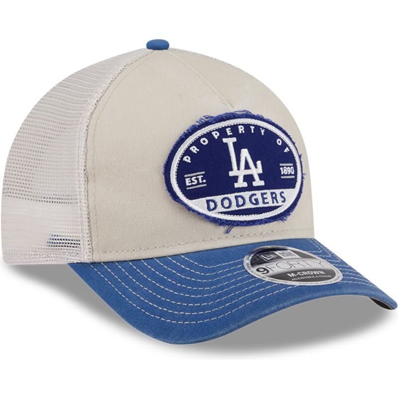 beige-og-bla-trucker-kasket-9forty-m-crown-a-frame-fray-fra-los-angeles-dodgers-mlb-fra-new-era