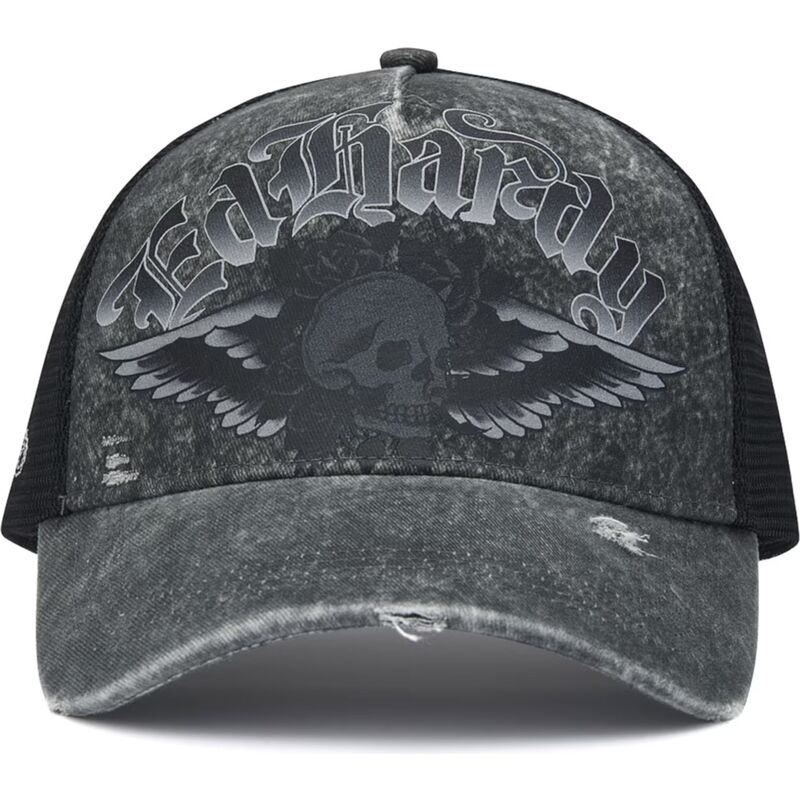 kasketter-buet-gra-snapback-flaming-gothic-skull-washed-af-ed-hardy