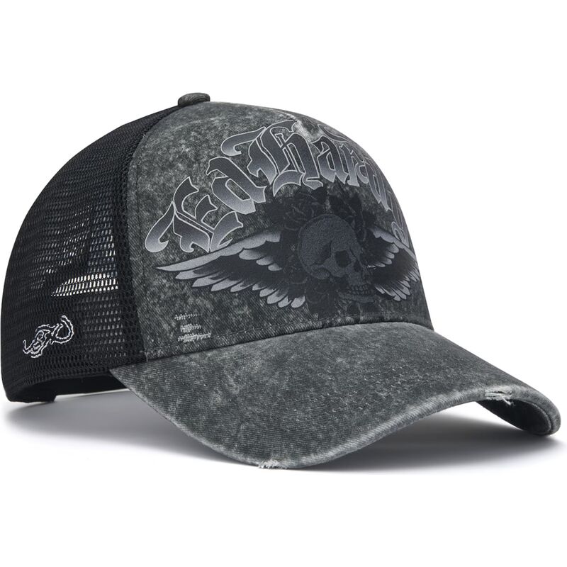 kasketter-buet-gra-snapback-flaming-gothic-skull-washed-af-ed-hardy