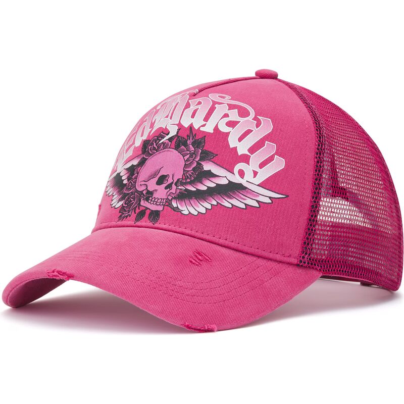 kasketter-buet-lyserod-snapback-flaming-gothic-skull-washed-af-ed-hardy