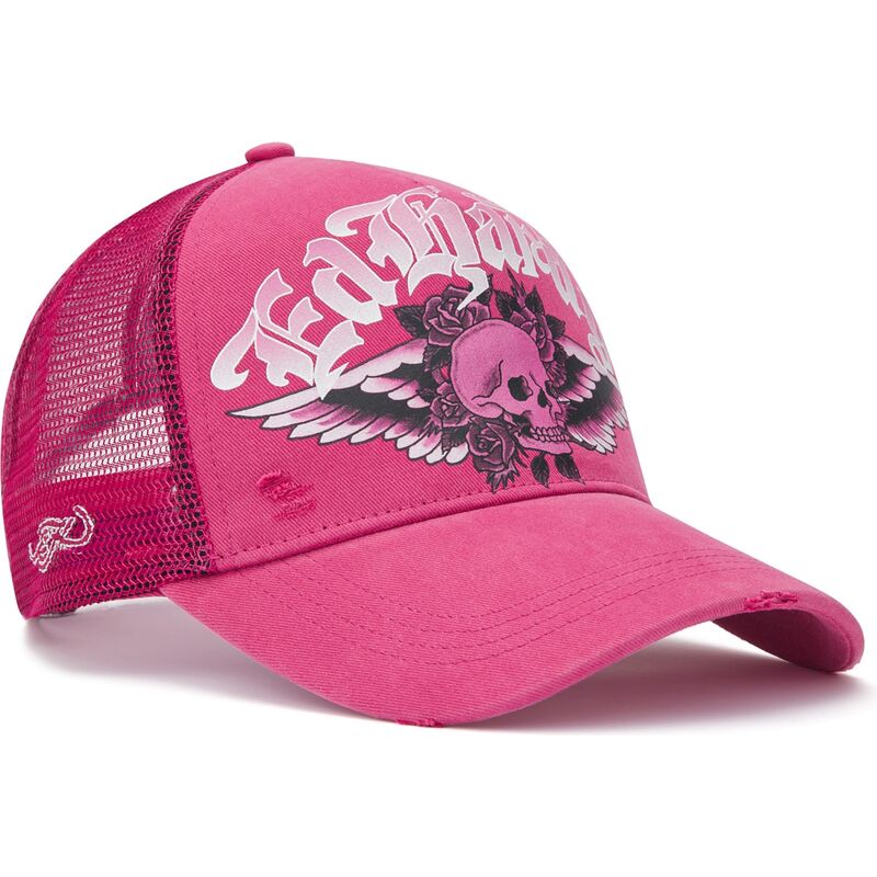 kasketter-buet-lyserod-snapback-flaming-gothic-skull-washed-af-ed-hardy