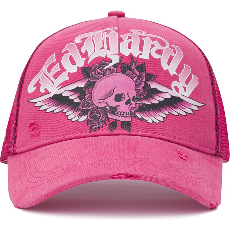 kasketter-buet-lyserod-snapback-flaming-gothic-skull-washed-af-ed-hardy