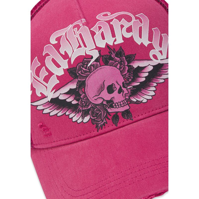 kasketter-buet-lyserod-snapback-flaming-gothic-skull-washed-af-ed-hardy