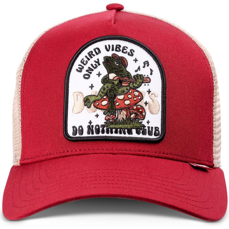 kasketter-buet-rod-snapback-hft-do-nothing-club-weird-vibes-frog-af-djinns