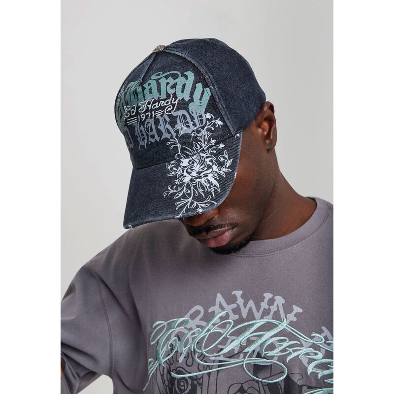 kasketter-buet-sort-justerbar-rem-distressed-floral-gothic-af-ed-hardy